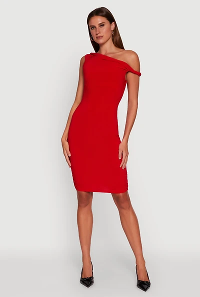 Womens Ruched One Shoulder Bodycon Mini Dress, Red, Size M