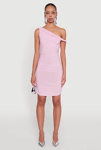 Womens Ruched One Shoulder Bodycon Mini Dress, Pink, Size L