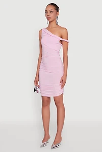 Womens Ruched One Shoulder Bodycon Mini Dress, Pink, Size L