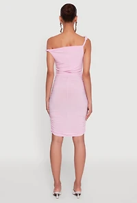 Womens Ruched One Shoulder Bodycon Mini Dress, Pink, Size L