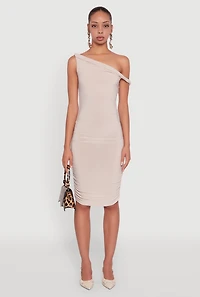 Womens Ruched One Shoulder Bodycon Mini Dress, Beige, Size S