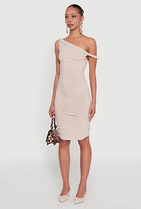 Womens Ruched One Shoulder Bodycon Mini Dress, Beige, Size S