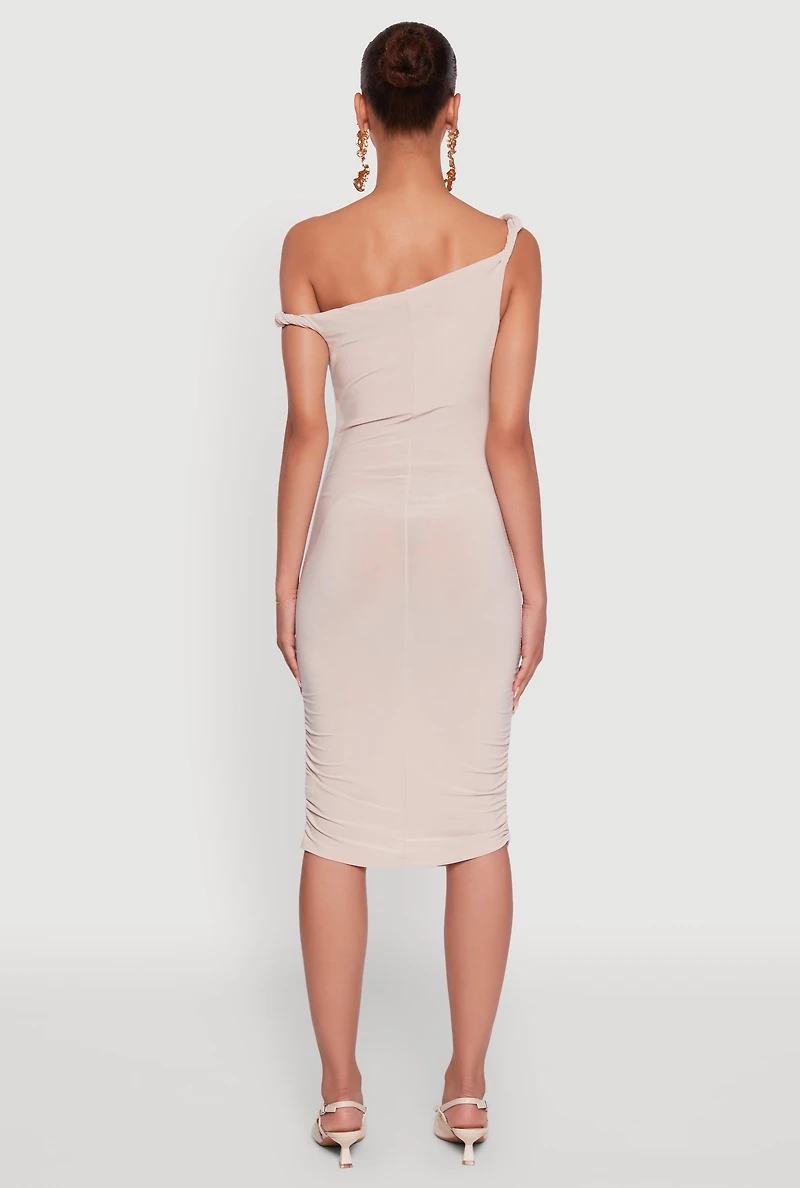 Womens Ruched One Shoulder Bodycon Mini Dress, Beige, Size S