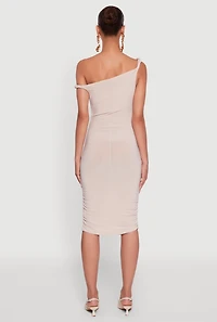 Womens Ruched One Shoulder Bodycon Mini Dress, Beige, Size S
