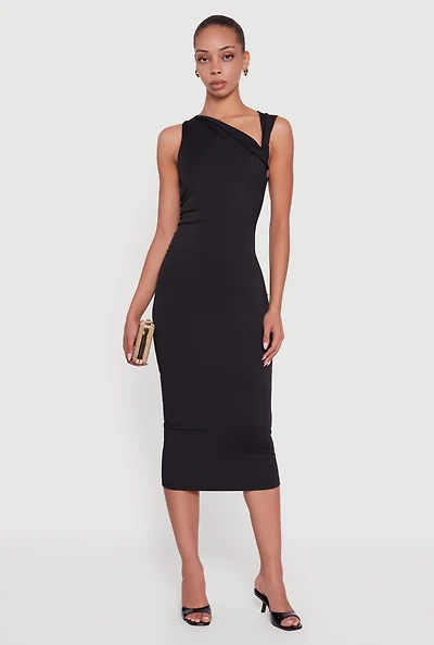 Womens Side Ruched Asymmetrical Neck Sleeveless Midi Dress, Black, Size L