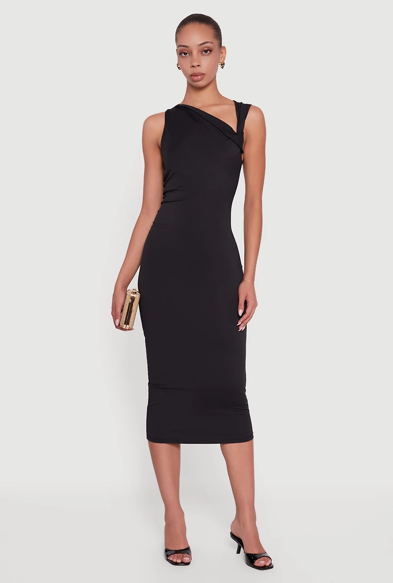 Side Ruched Asymmetrical Neck Sleeveless Midi Dress