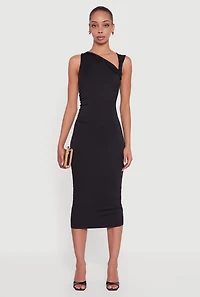 Womens Side Ruched Asymmetrical Neck Sleeveless Midi Dress, Black, Size M