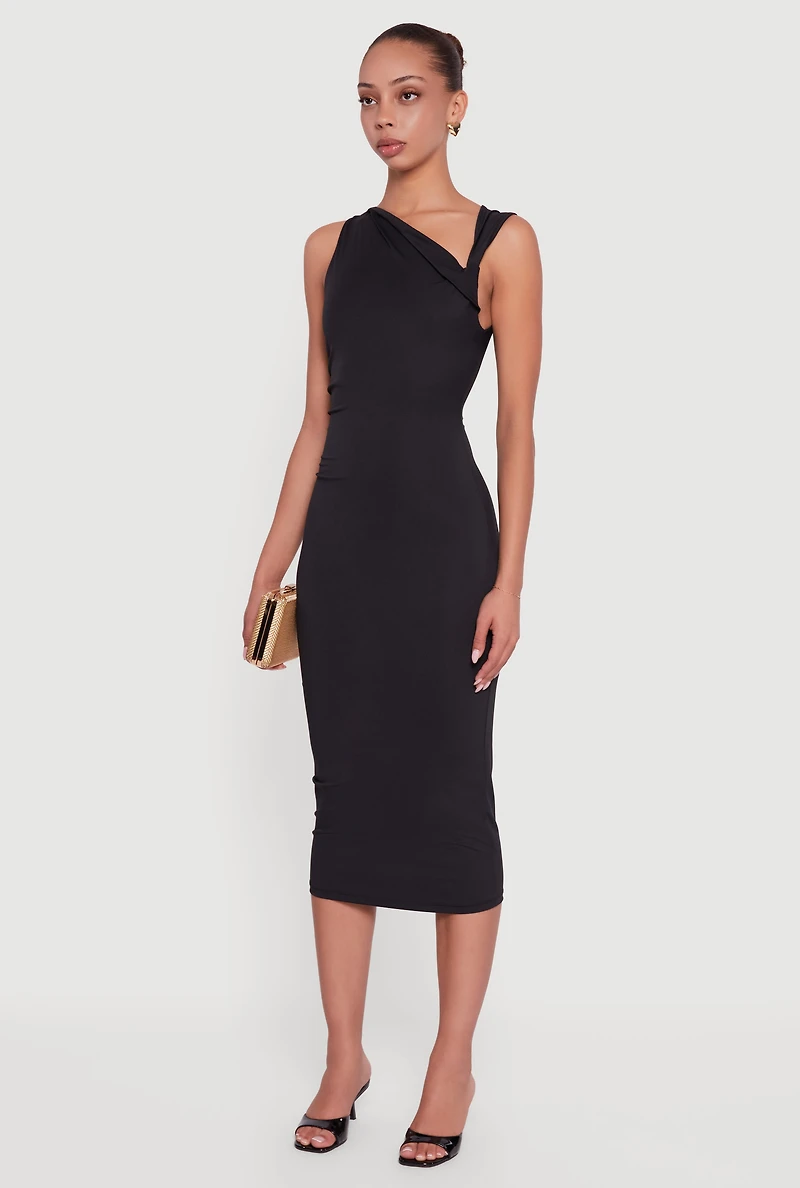 Womens Side Ruched Asymmetrical Neck Sleeveless Midi Dress, Black, Size L
