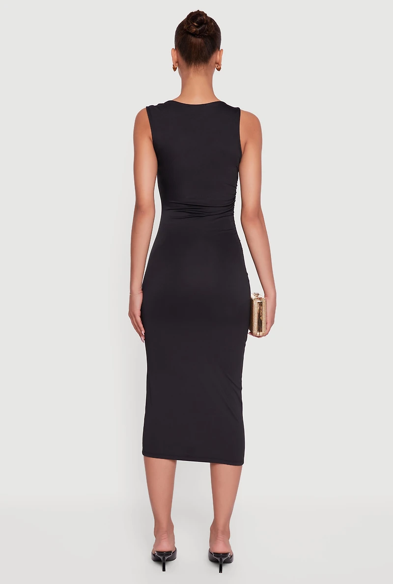 Womens Side Ruched Asymmetrical Neck Sleeveless Midi Dress, Black, Size L