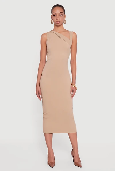 Womens Side Ruched Asymmetrical Neck Sleeveless Midi Dress, Beige, Size S