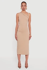 Womens Side Ruched Asymmetrical Neck Sleeveless Midi Dress, Beige, Size S
