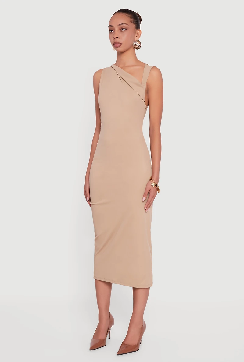 Womens Side Ruched Asymmetrical Neck Sleeveless Midi Dress, Beige, Size S