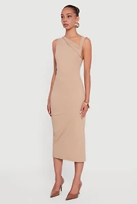 Womens Side Ruched Asymmetrical Neck Sleeveless Midi Dress, Beige, Size S