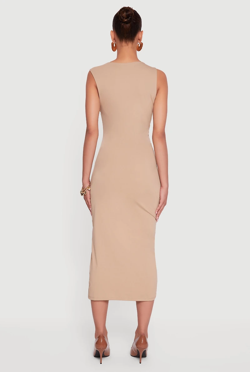 Womens Side Ruched Asymmetrical Neck Sleeveless Midi Dress, Beige, Size S