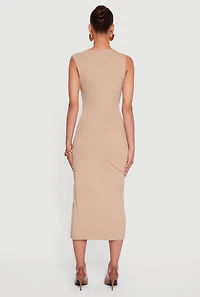 Side Ruched Asymmetrical Neck Sleeveless Midi Dress
