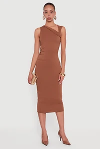 Side Ruched Asymmetrical Neck Sleeveless Midi Dress