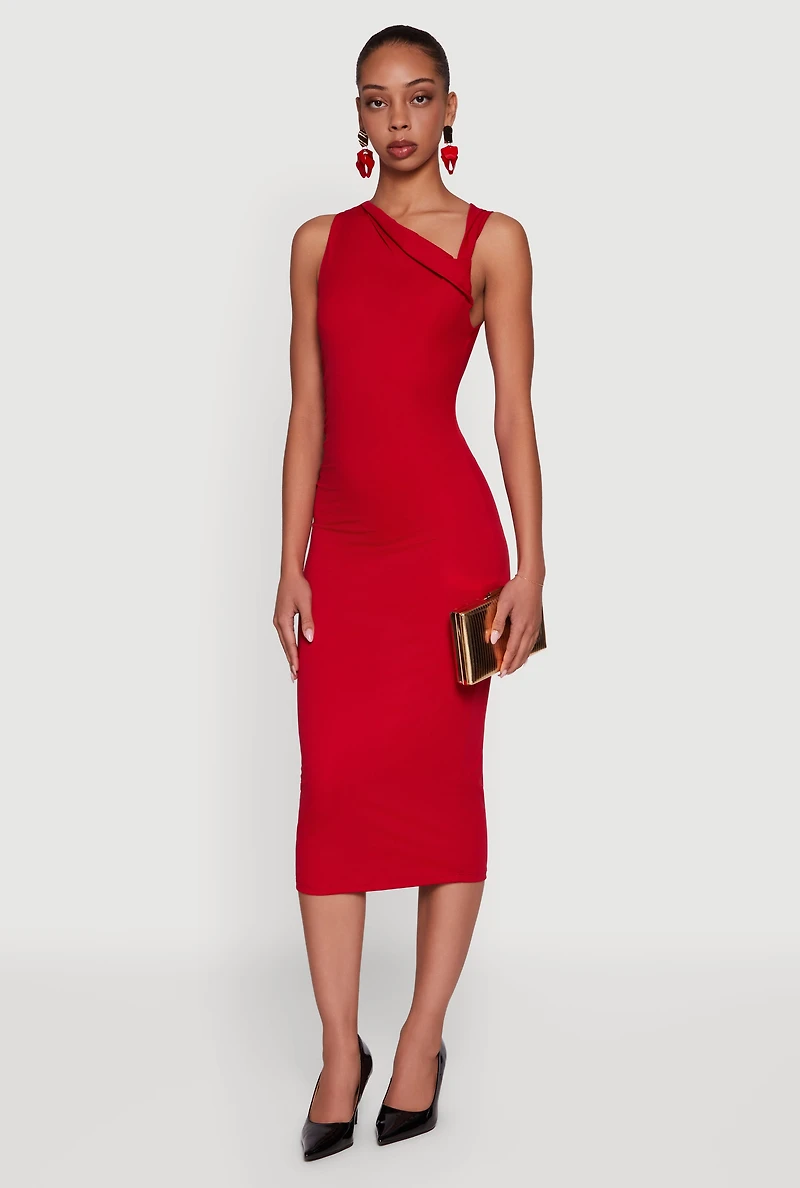 Side Ruched Asymmetrical Neck Sleeveless Midi Dress