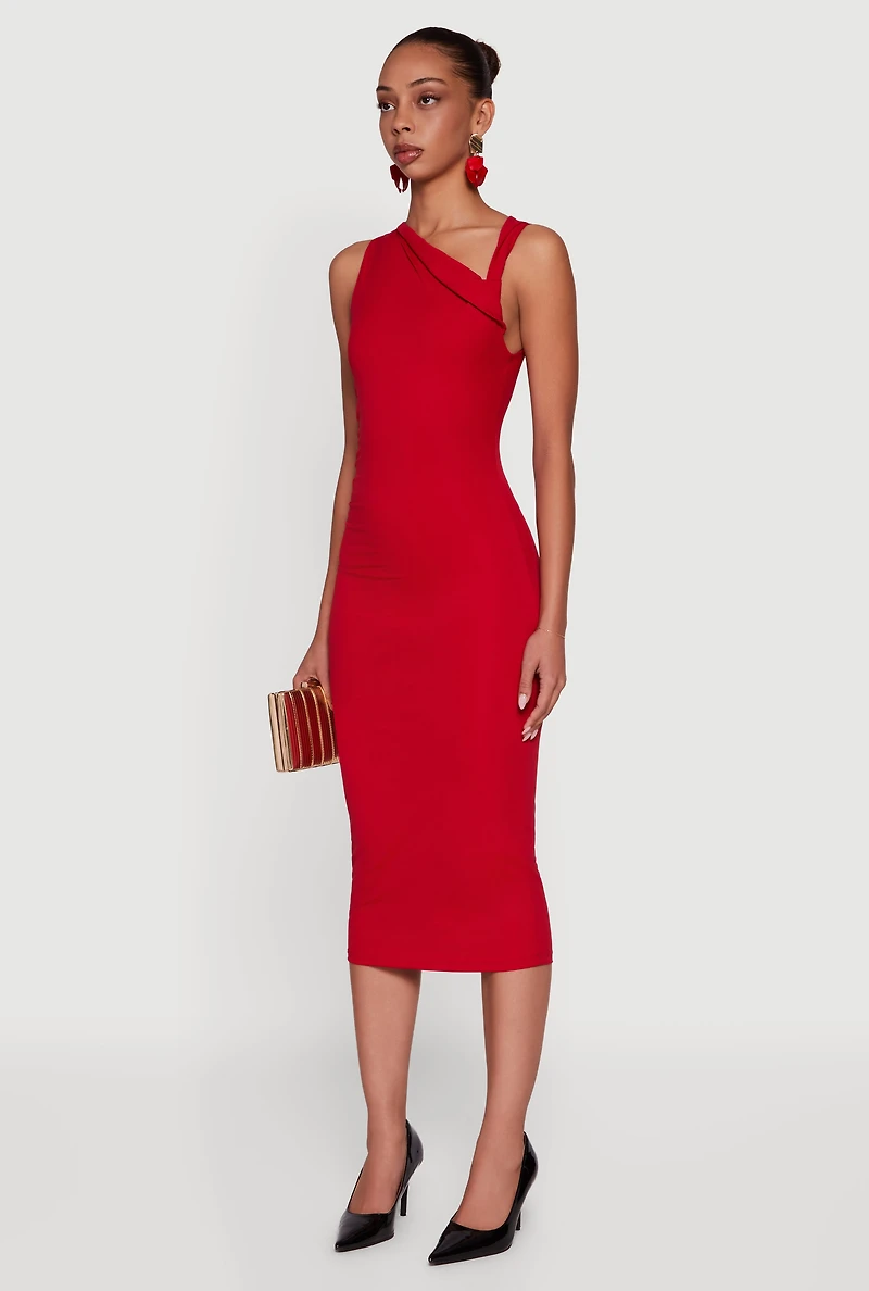 Side Ruched Asymmetrical Neck Sleeveless Midi Dress