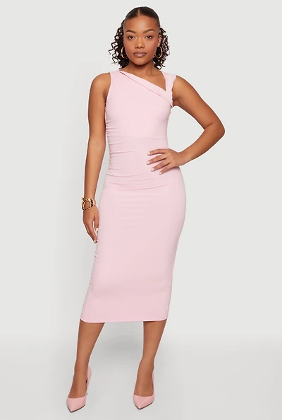 Side Ruched Asymmetrical Neck Sleeveless Midi Dress
