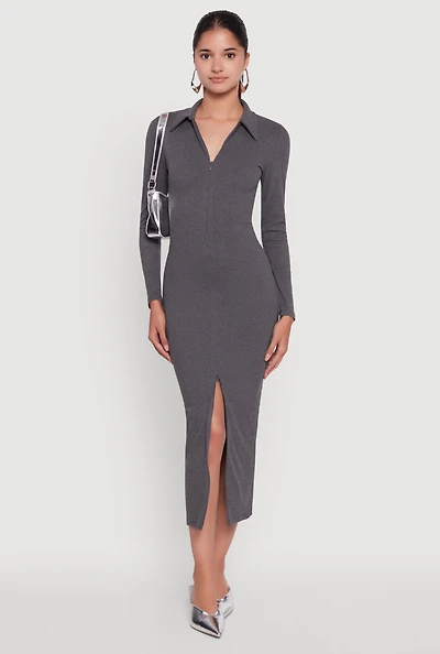 Womens Collared Double Zip Front Midi Dress, Grey, Size S