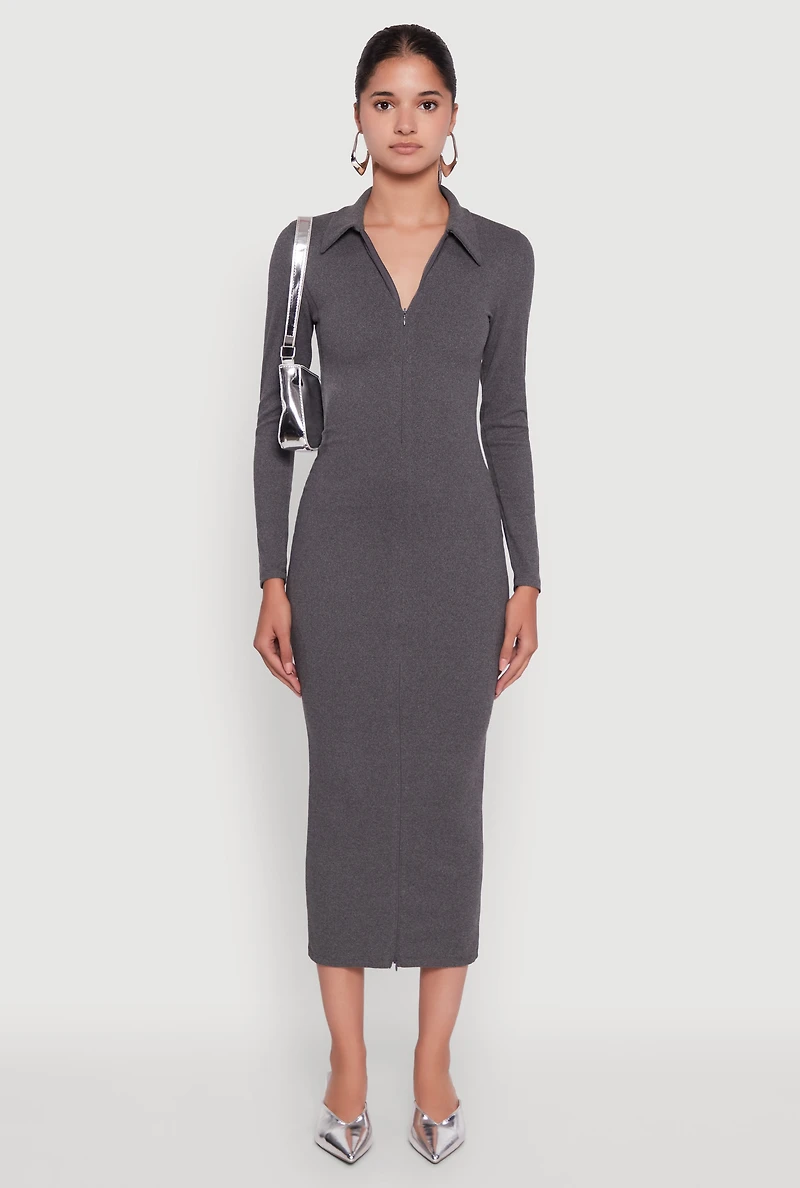 Womens Collared Double Zip Front Midi Dress, Grey, Size S