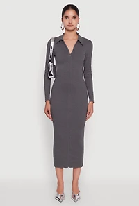 Womens Collared Double Zip Front Midi Dress, Grey, Size S