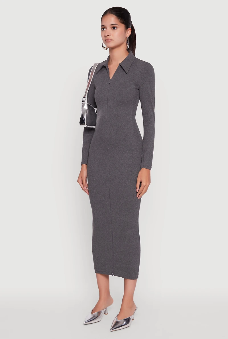 Womens Collared Double Zip Front Midi Dress, Grey, Size S