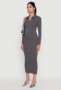 Womens Collared Double Zip Front Midi Dress, Grey, Size S