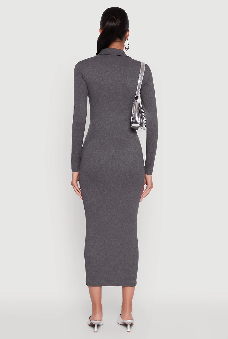 Womens Collared Double Zip Front Midi Dress, Grey, Size S