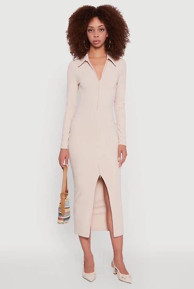 Womens Collared Double Zip Front Midi Dress, Beige, Size S