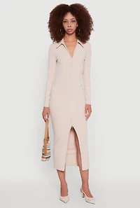 Womens Collared Double Zip Front Midi Dress, Beige, Size S