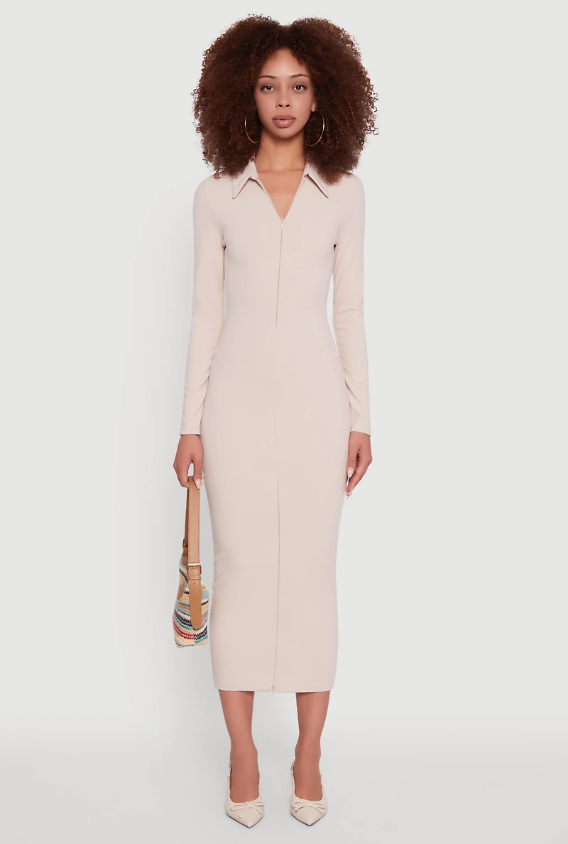 Womens Collared Double Zip Front Midi Dress,