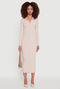 Womens Collared Double Zip Front Midi Dress, Beige, Size S