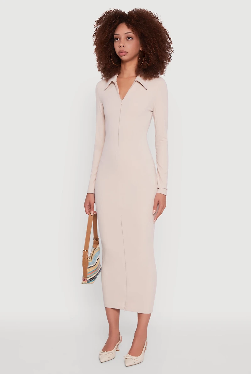 Womens Collared Double Zip Front Midi Dress, Beige, Size S