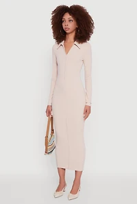 Womens Collared Double Zip Front Midi Dress, Beige, Size S