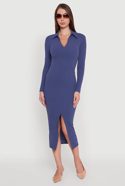 Womens Collared Double Zip Front Midi Dress,