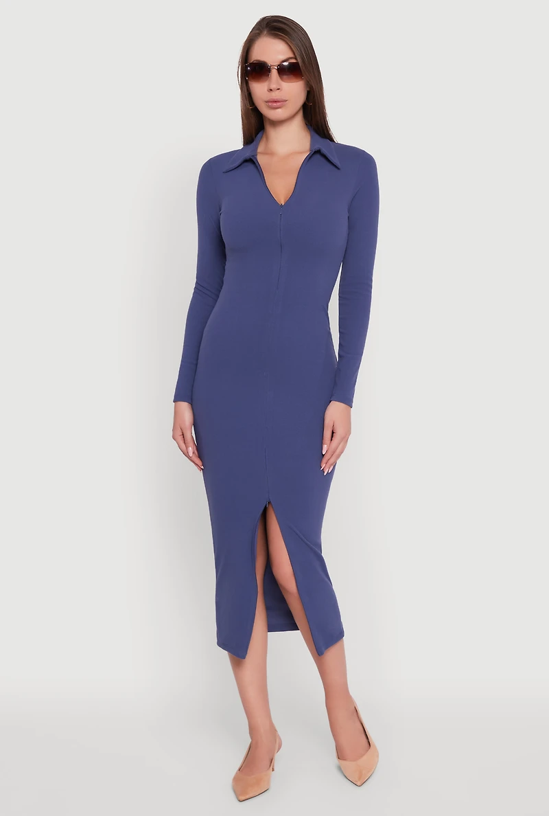 Womens Collared Double Zip Front Midi Dress, Blue, Size M