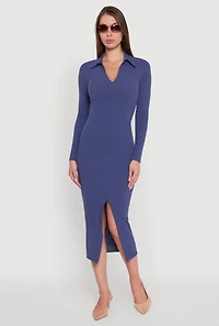 Womens Collared Double Zip Front Midi Dress, Blue, Size M