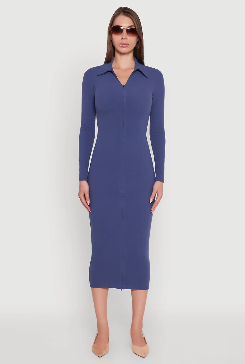 Womens Collared Double Zip Front Midi Dress, Blue, Size M