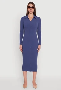 Womens Collared Double Zip Front Midi Dress, Blue, Size M
