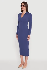 Womens Collared Double Zip Front Midi Dress, Blue, Size M
