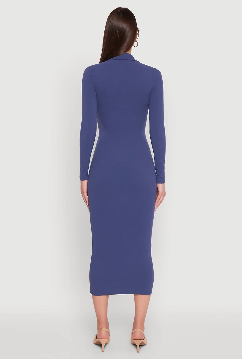 Womens Collared Double Zip Front Midi Dress, Blue, Size M