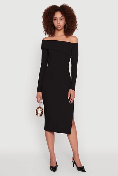 Womens Asymmetrical Fold Over Off The Shoulder Side Slit Dress,