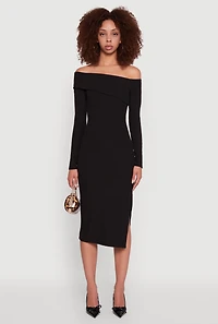 Womens Asymmetrical Fold Over Off The Shoulder Side Slit Dress, Black, Size M