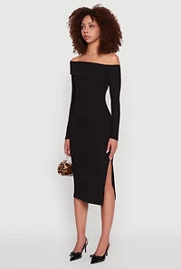 Womens Asymmetrical Fold Over Off The Shoulder Side Slit Dress,