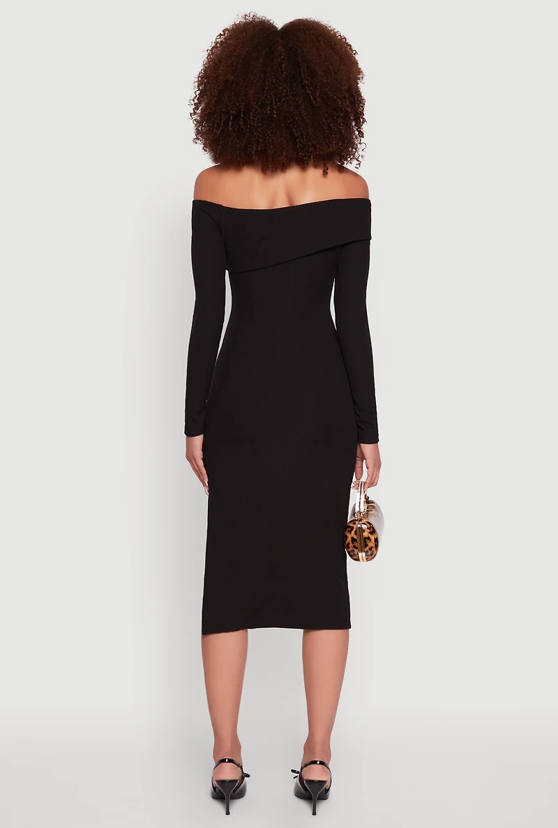 Womens Asymmetrical Fold Over Off The Shoulder Side Slit Dress, Black,