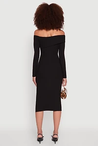 Womens Asymmetrical Fold Over Off The Shoulder Side Slit Dress, Black,