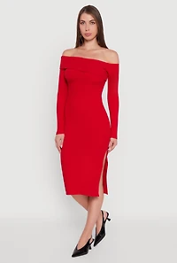 Womens Asymmetrical Fold Over Off The Shoulder Side Slit Dress, Red, Size M