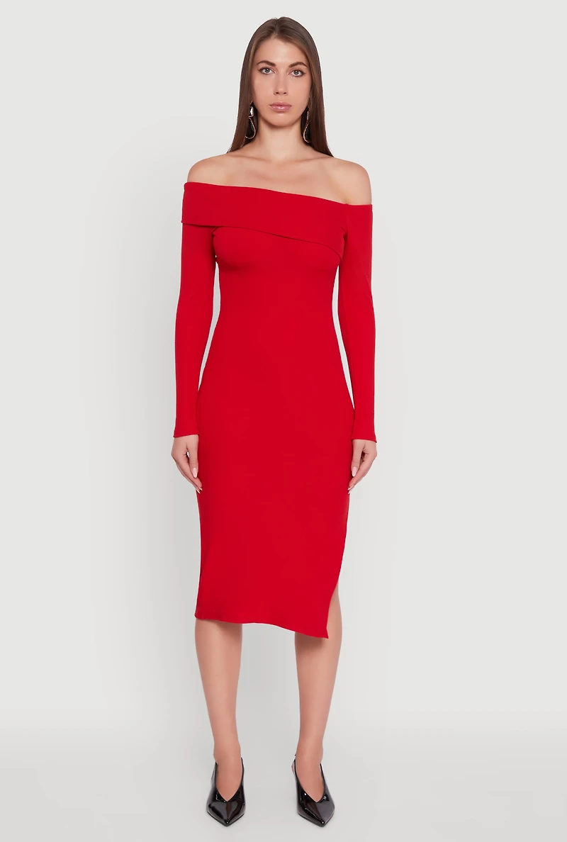 Womens Asymmetrical Fold Over Off The Shoulder Side Slit Dress, Red, Size M