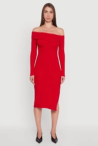 Womens Asymmetrical Fold Over Off The Shoulder Side Slit Dress, Red, Size M